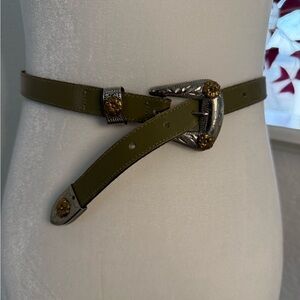 VintageSolid nickel silver Olive Green Leather Belt with Silver and Gold Accents